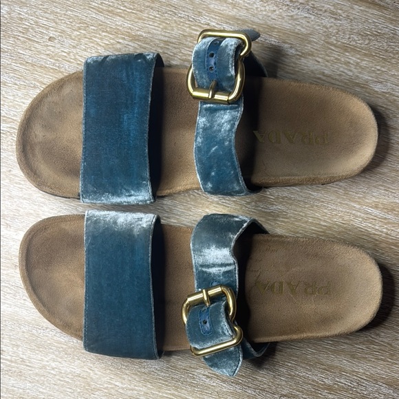 Prada Blue Velvet Slides with Gold Buckles - Picture 1 of 12